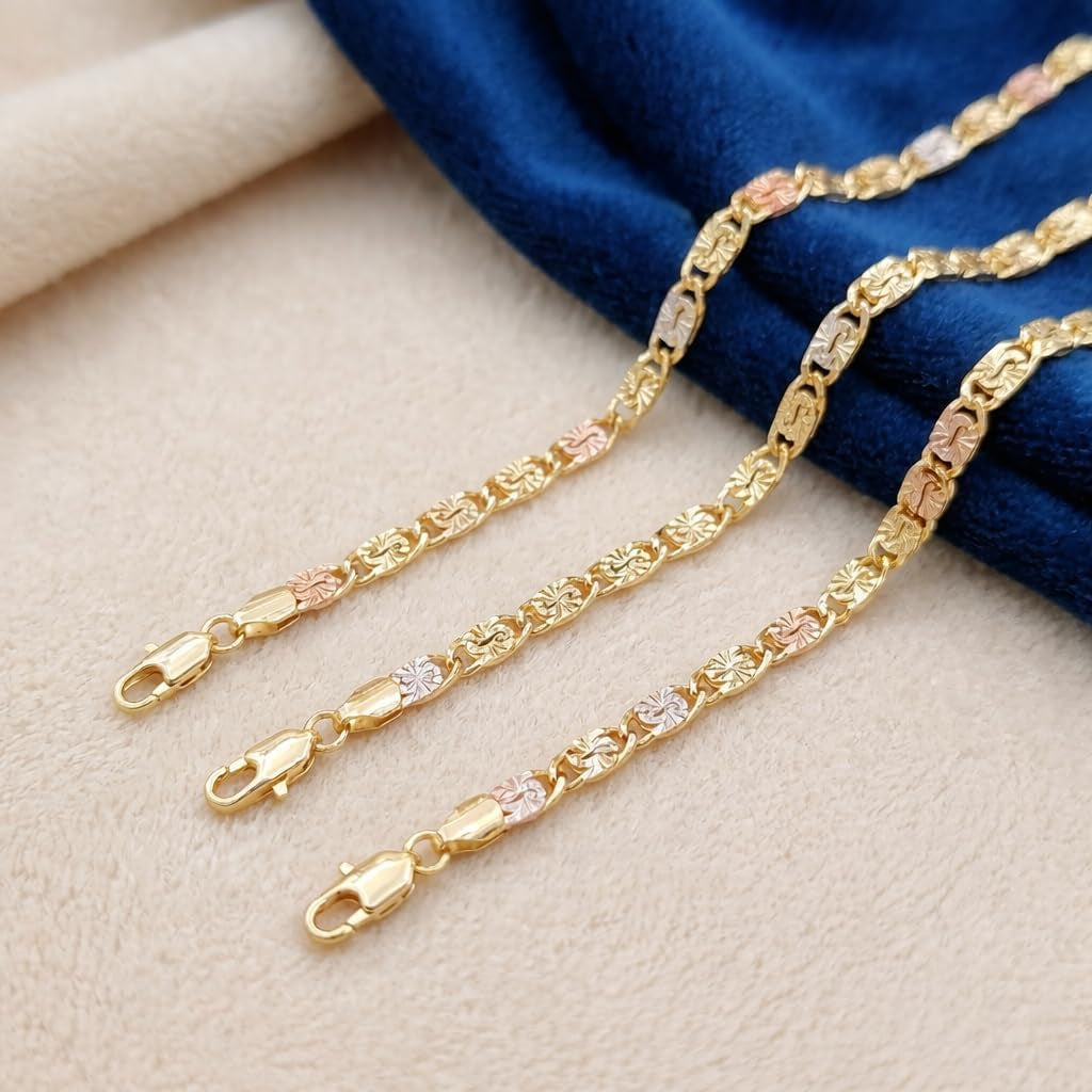 2Pack 14K Gold Tri-Color Mariner Linkbracelet for Women - Polished Floralengraved Three Tone Gold Chain Bracelet,Dainty Jewelry Gift for Her