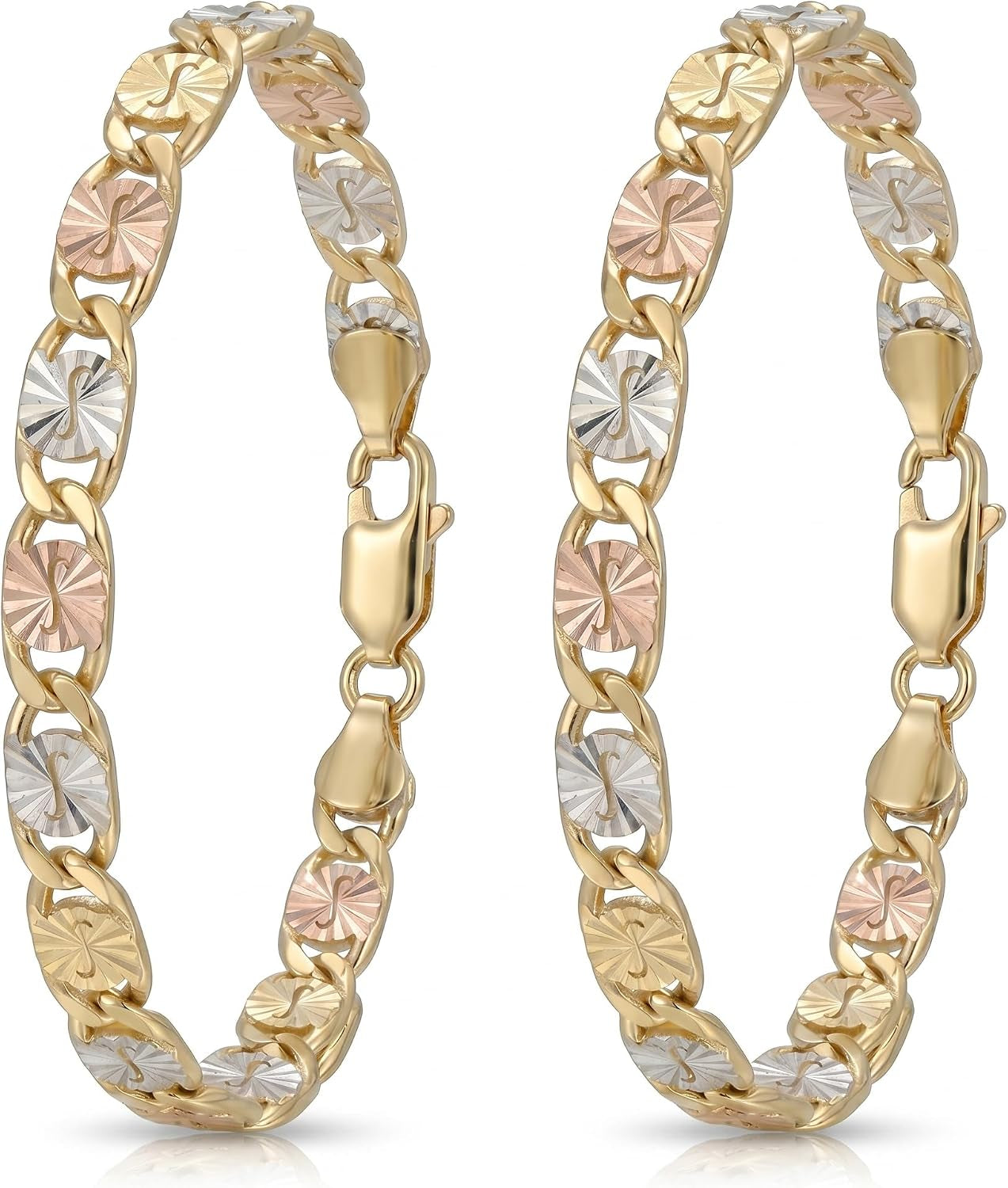 2Pack 14K Gold Tri-Color Mariner Linkbracelet for Women - Polished Floralengraved Three Tone Gold Chain Bracelet,Dainty Jewelry Gift for Her