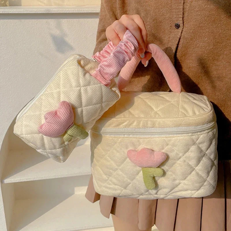Ins Travel Makeup Bag Portable Tulip Cosmetic Pouch with Zipper Toiletry Organizer Large Capacity Storage Boxes Cases 파우치