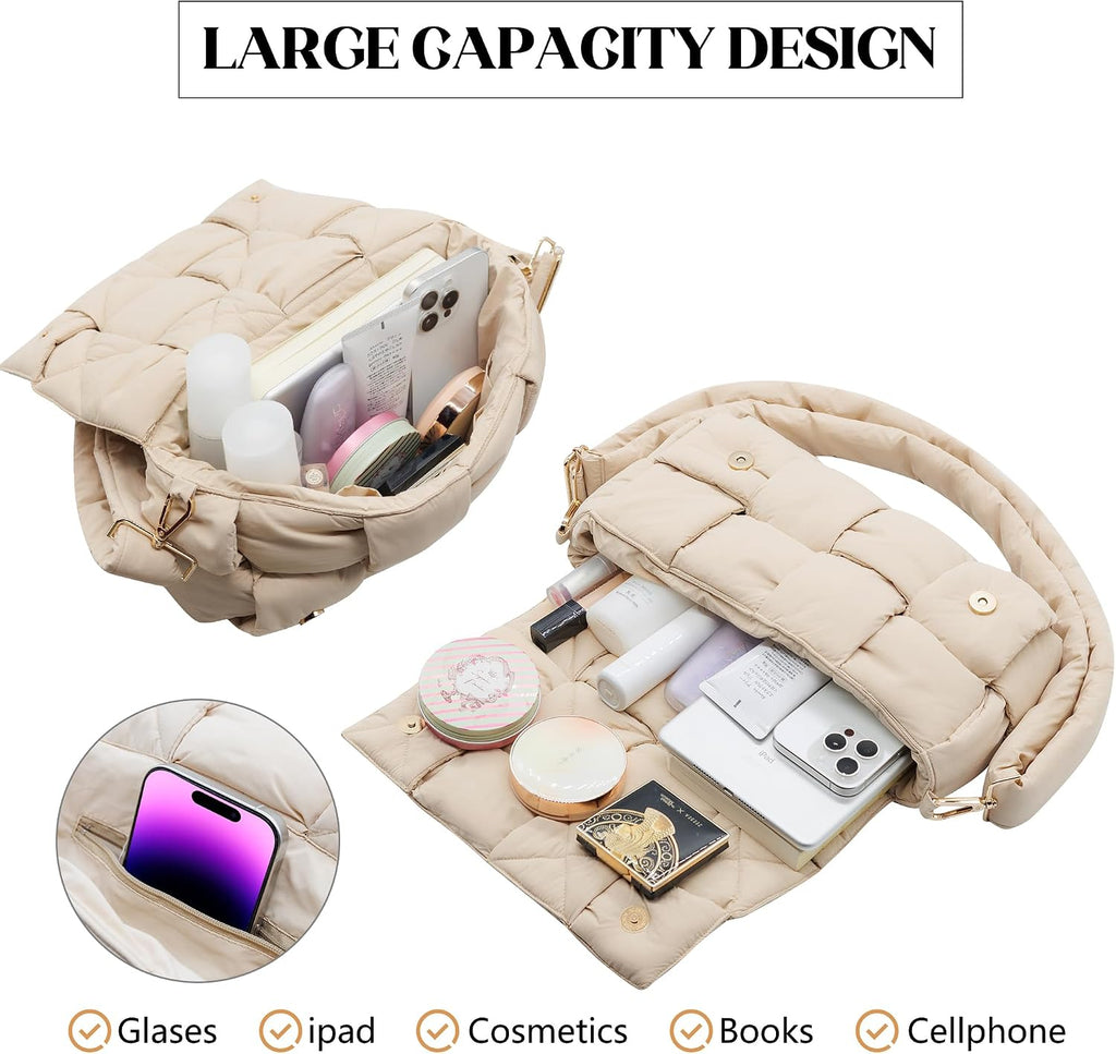 Puffer Woven Crossbody Bag Purse Handbags for Women, Quilted Hobo Carryall Bag Shoulder Bags with Adjustable Strap