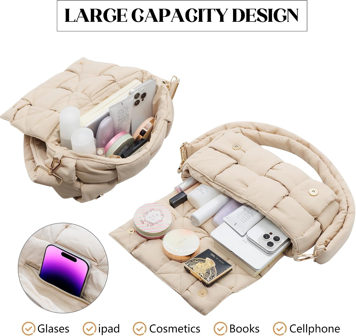 Puffer Woven Crossbody Bag Purse Handbags for Women, Quilted Hobo Carryall Bag Shoulder Bags with Adjustable Strap