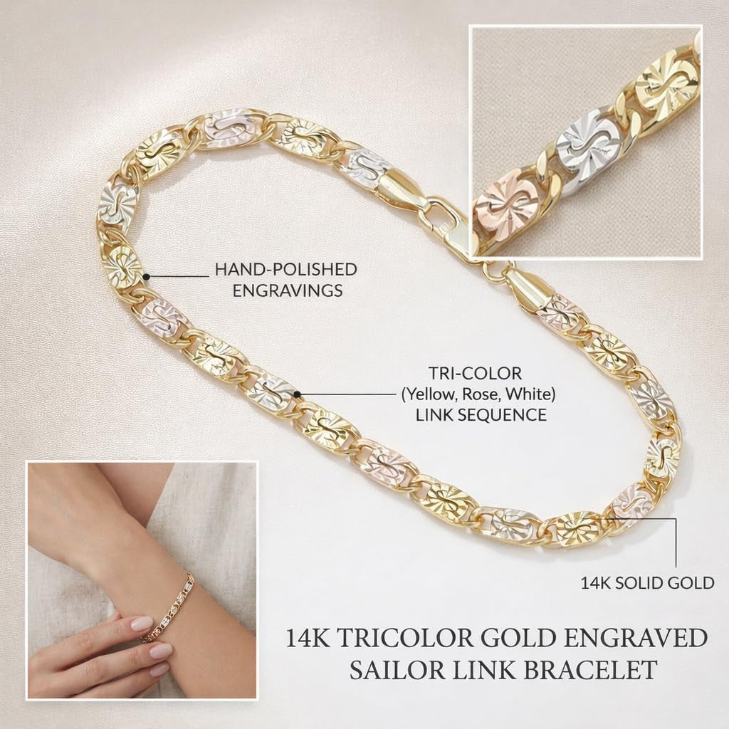 2Pack 14K Gold Tri-Color Mariner Linkbracelet for Women - Polished Floralengraved Three Tone Gold Chain Bracelet,Dainty Jewelry Gift for Her